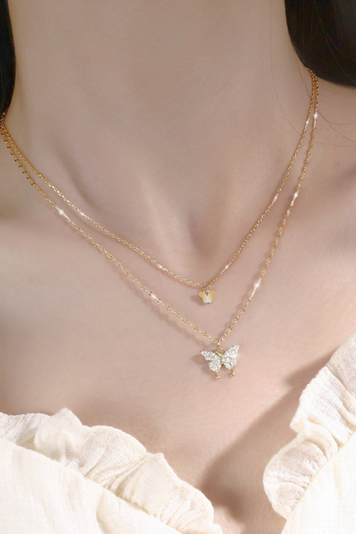 Silver Double-Layer Necklace with Butterfly Details