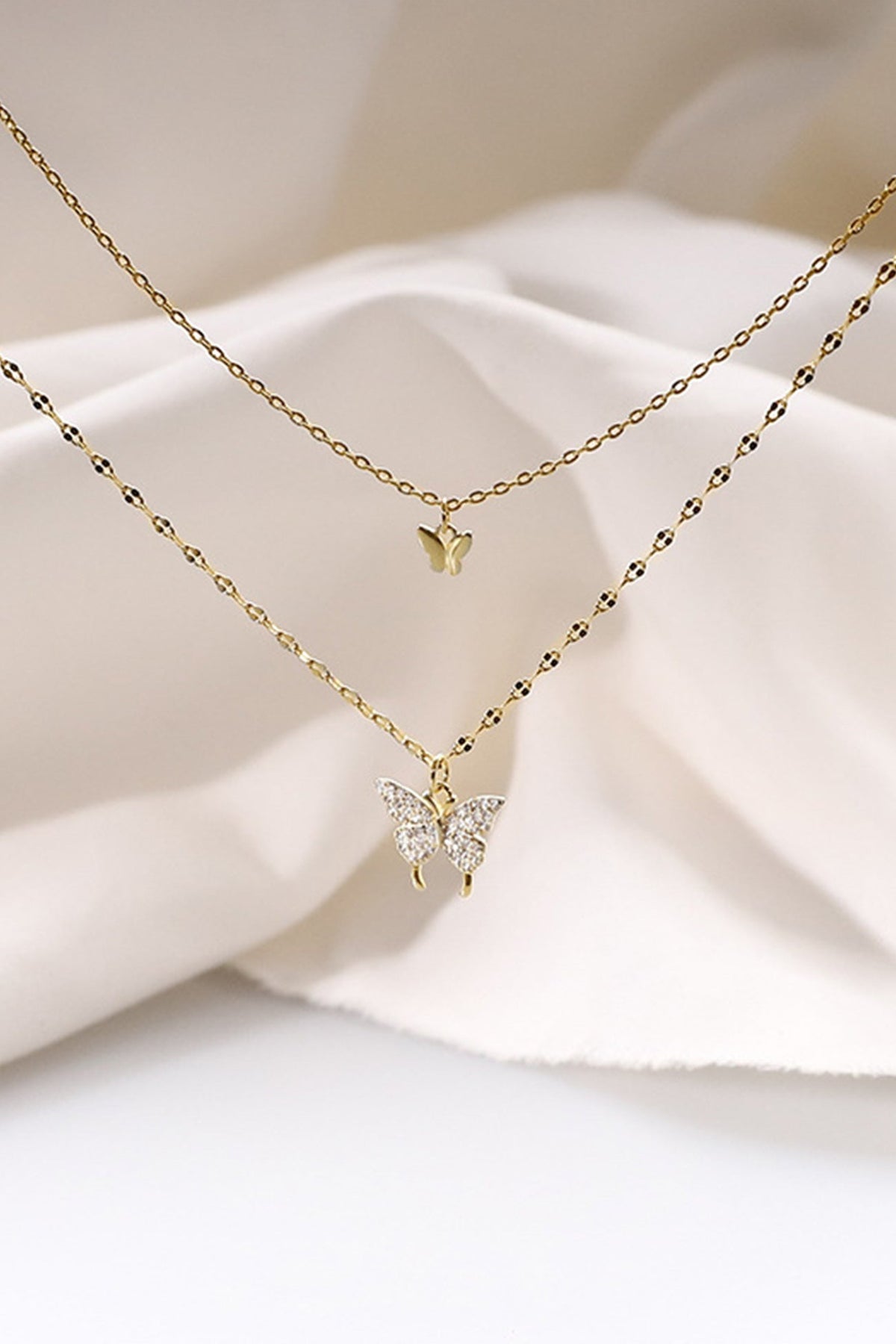 Silver Double-Layer Necklace with Butterfly Details