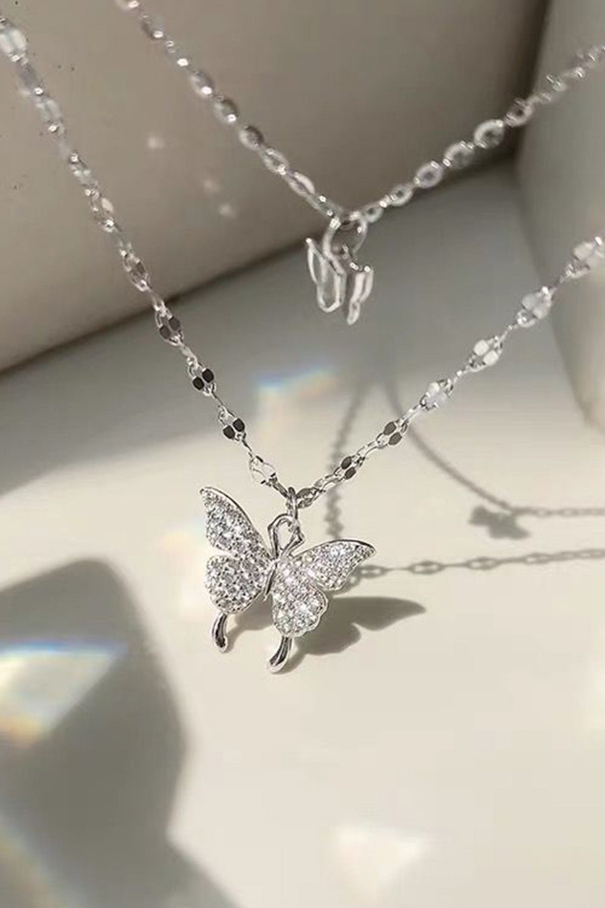 Silver Double-Layer Necklace with Butterfly Details