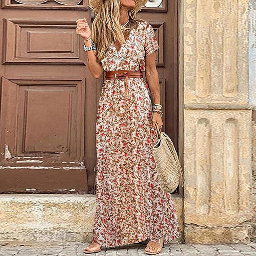 V-Neck Boho Dress with Drawstring Detail
