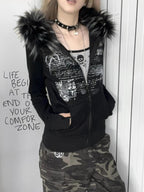 Dark Furry Patchwork Hooded Sweatshirt Black / S