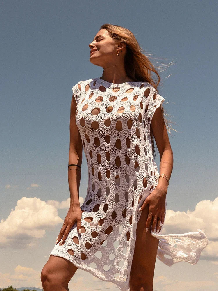 Knitted Hollow Out Bikini Cover Up WHITE / One Size