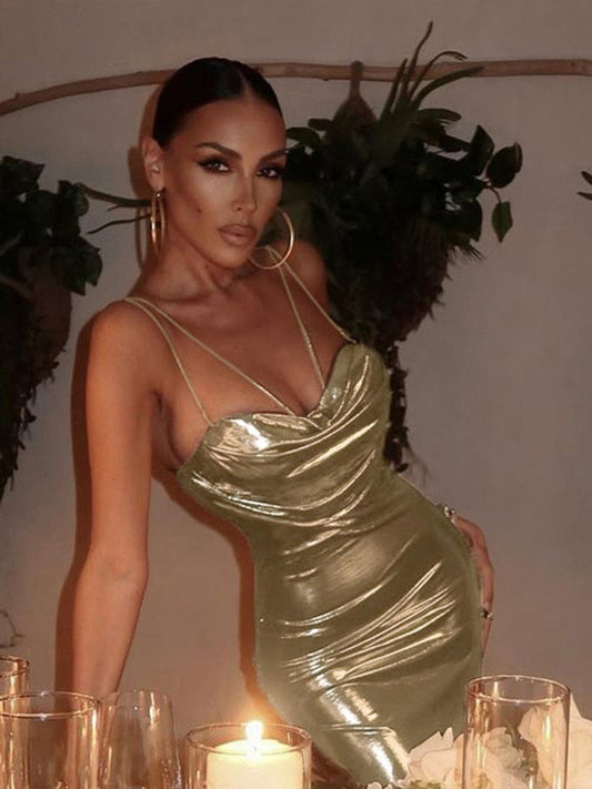 Sexy Gold Wrap Backless Summer Party Midi Dress