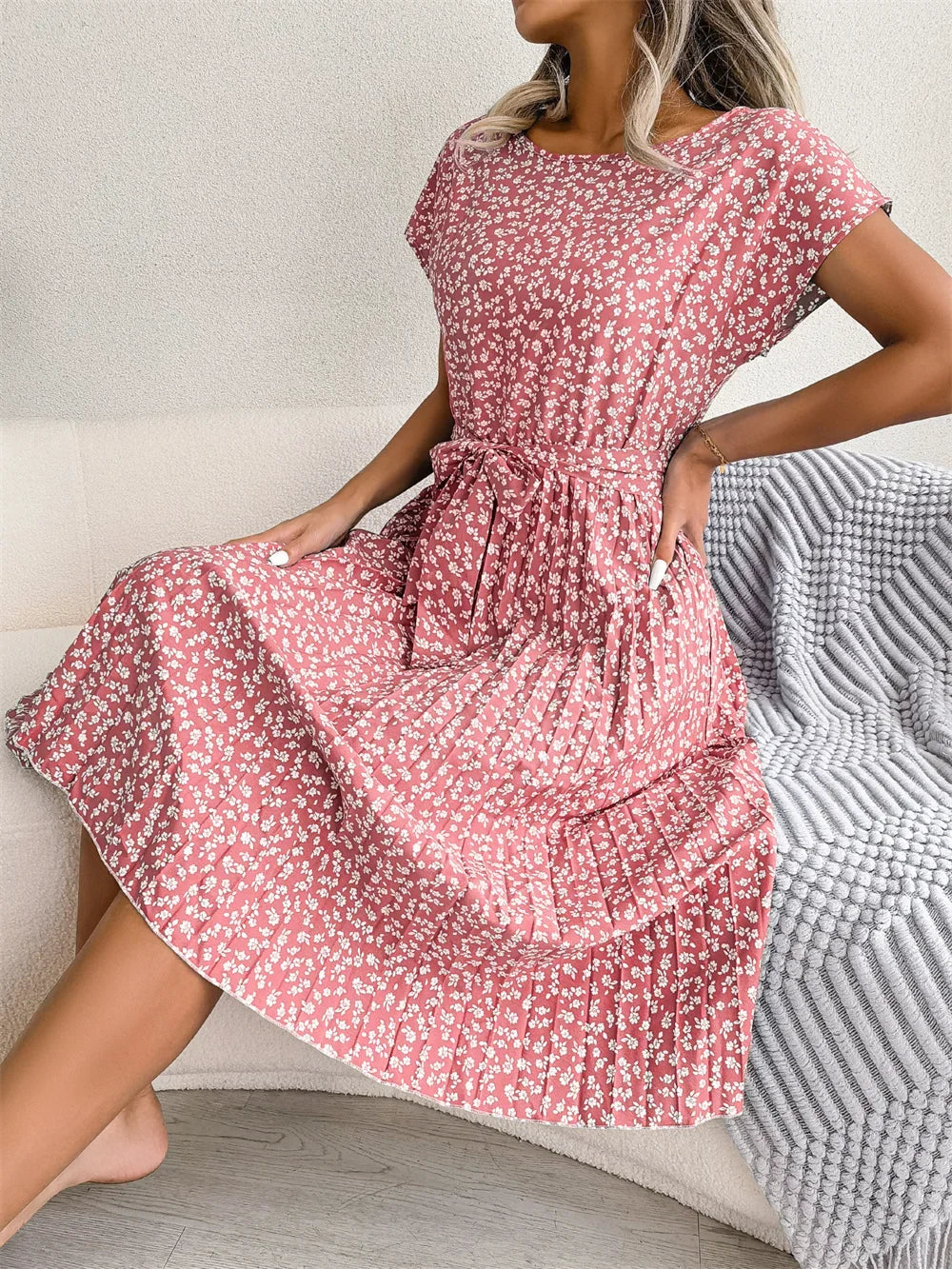 Floral High-Rise Dress with Pleat Details