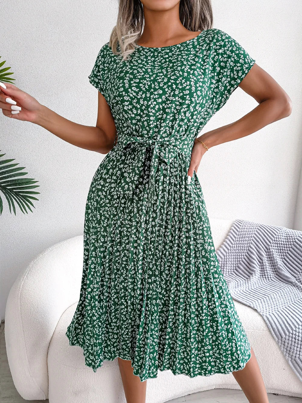 Floral High-Rise Dress with Pleat Details