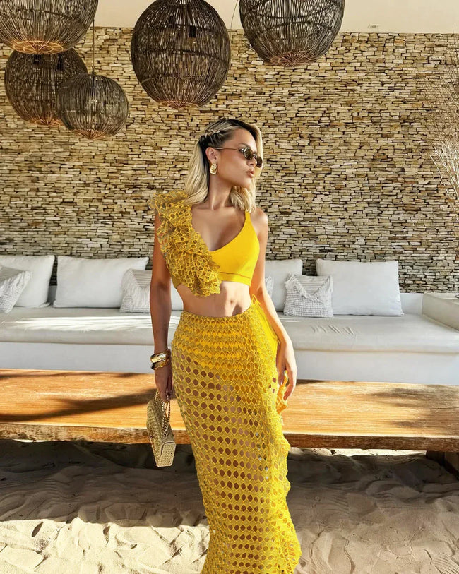 Ruffle V-neck Mesh Three Piece Swimsuit yellow / S Main image