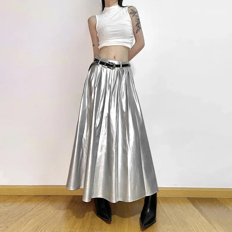 High Waist Pleated Cyberpunk Skirt silver / S