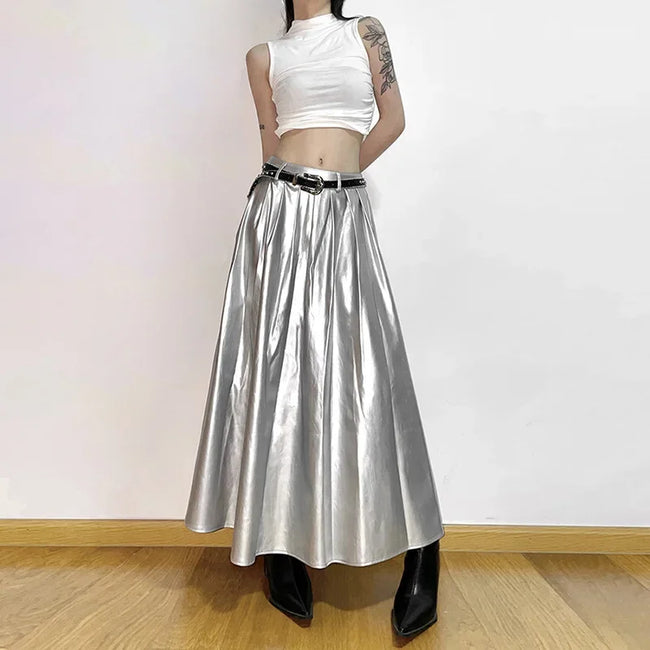 High Waist Pleated Cyberpunk Skirt silver / S Main image