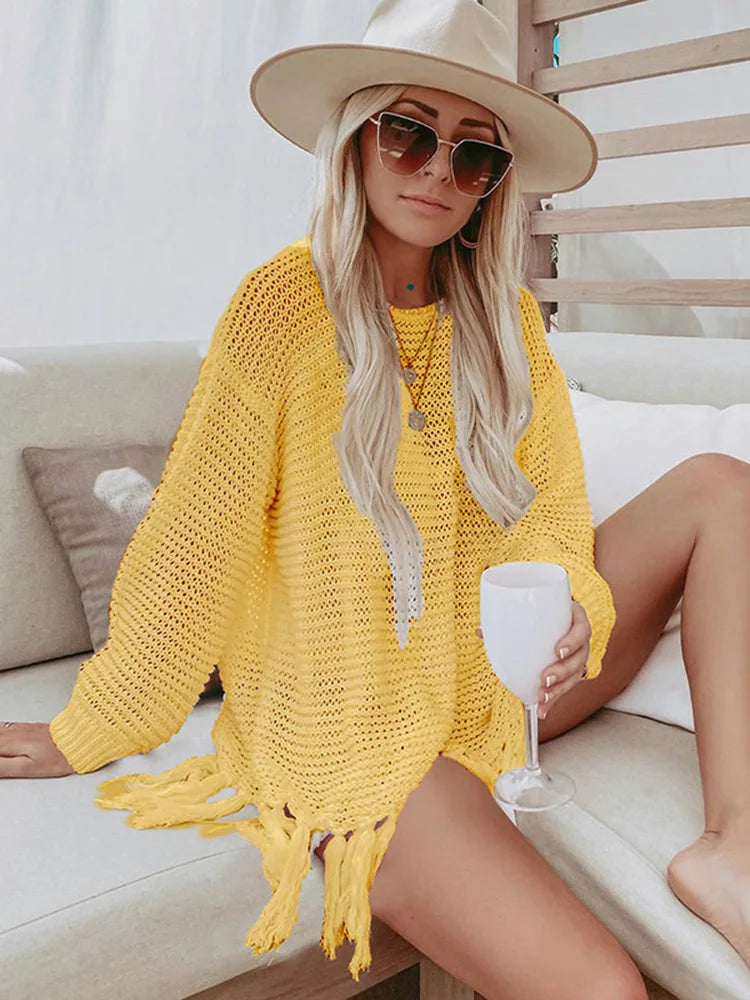 Solid Lace Up Tassel Beach Cover Up Yellow / One Size