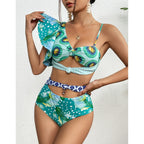 One Shoulder Ruffle Cover Up Two Piece Set green2 / S