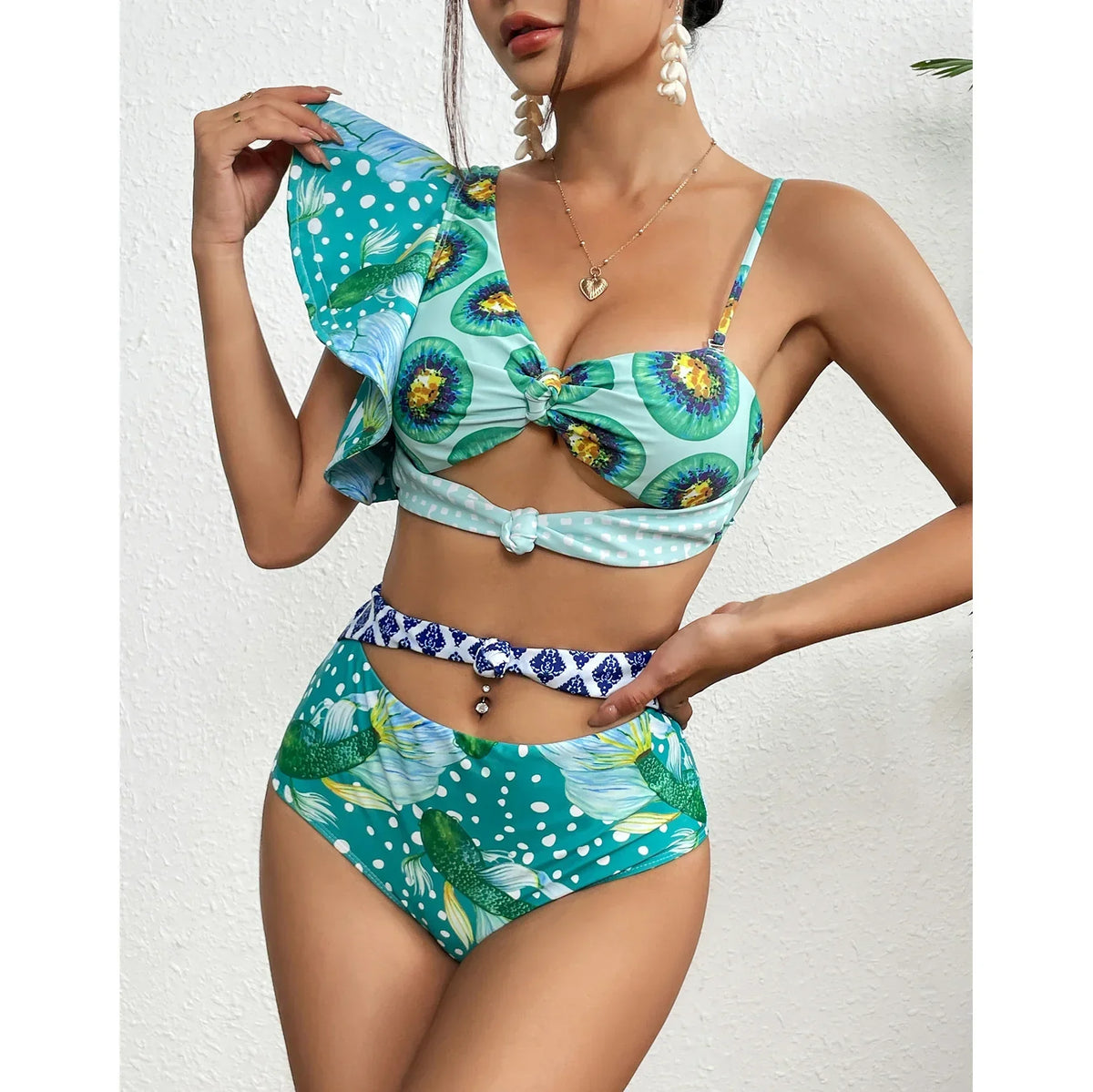 One Shoulder Ruffle Cover Up Two Piece Set green2 / S