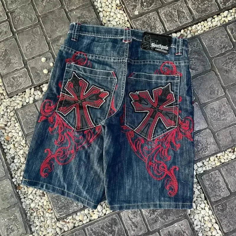 Leather Patch Embroidery Denim Short blue / S
