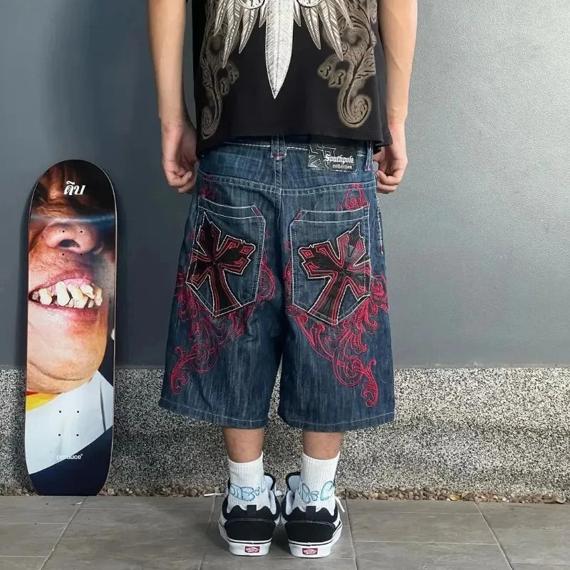 Leather Patch Embroidery Denim Short blue / S