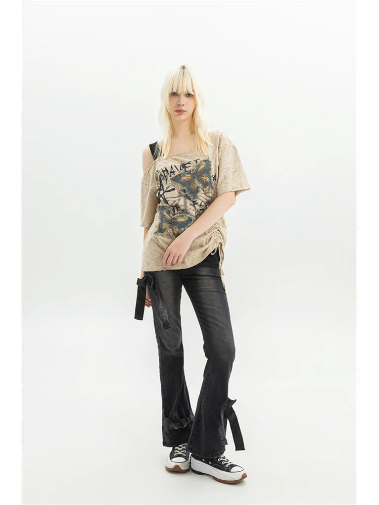 Dark Medieval Ribbon Flare Denim Trouser