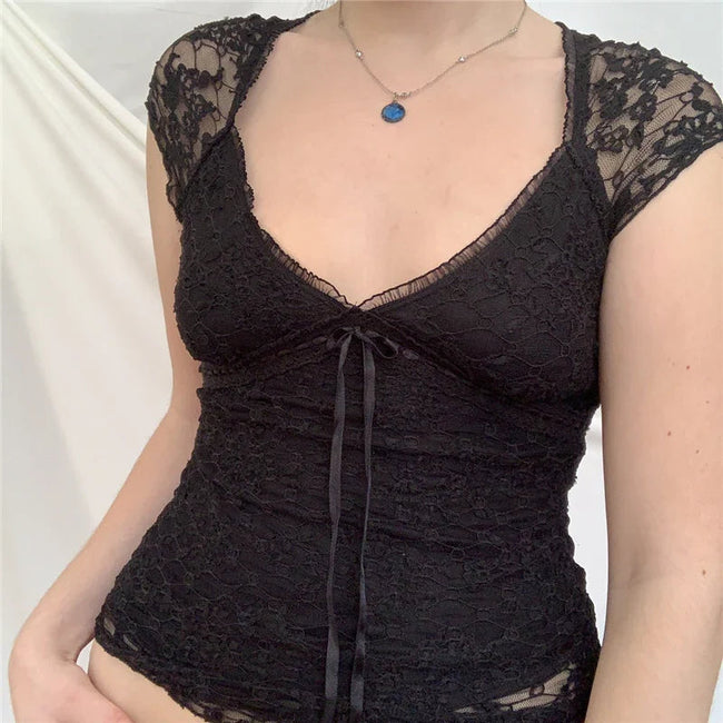 Enchantingcore Edgy V Neck Lace Crop Top black / S Main image
