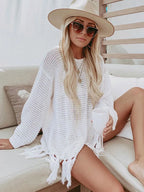 Solid Lace Up Tassel Beach Cover Up WHITE / One Size