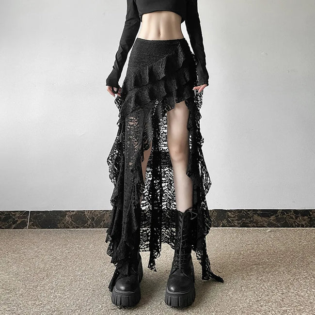 Lace Ruffles Patchwork Mini Skirt Black / S Main image