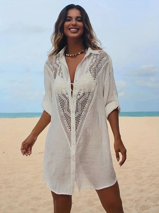 Spliced Lace Turn-Down Collar Cover Up Main image