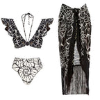 Conch Thread Print Sarong Two Piece Set black Swimsuit and skirt / S