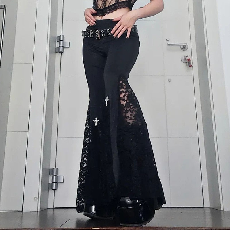 Black High-Rise Lace Paneled Pants