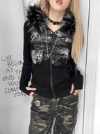Dark Furry Patchwork Hooded Sweatshirt