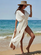 Deep V-Neck Slit Cut Bikini Cover Up Dress WHITE / One Size