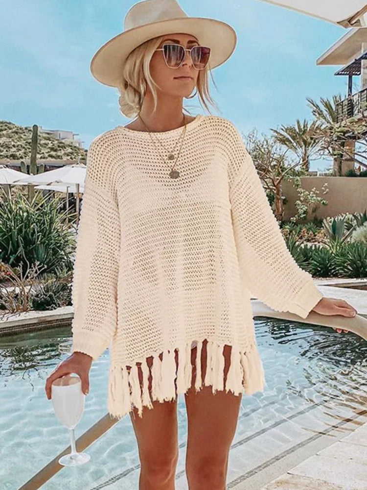 Solid Lace Up Tassel Beach Cover Up APRICOT / One Size