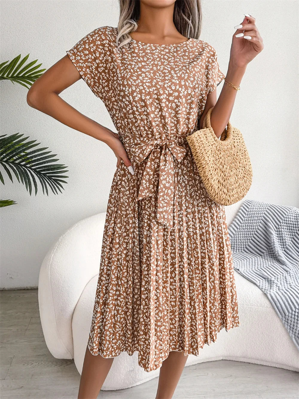 Floral High-Rise Dress with Pleat Details