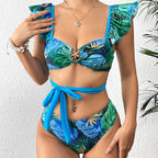 One Shoulder Ruffle Cover Up Two Piece Set blue2 / S