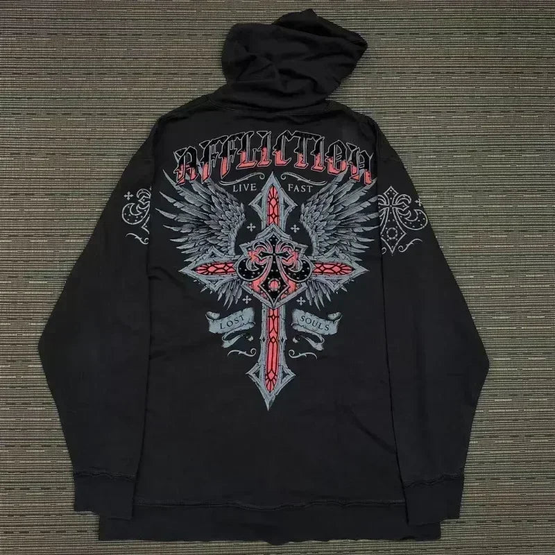 Distress Y2K Gothic Skull Hoodie black5 / S