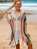 Contrast Color Tassel Hollow Beach Cover Up color2 / One Size