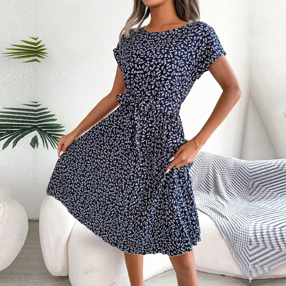 Floral High-Rise Dress with Pleat Details