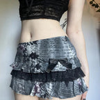 Letter Floral Print Ruffle Skirt