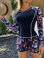 Tropical Print Rashguard Two Piece Set 0Purple Leaves / S