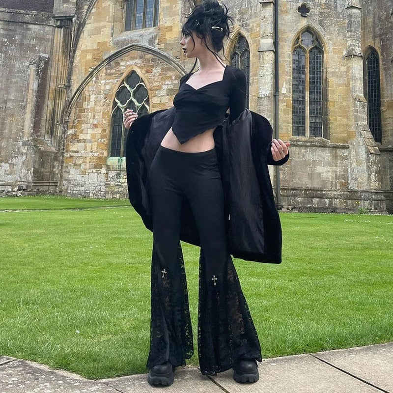 Black High-Rise Lace Paneled Pants