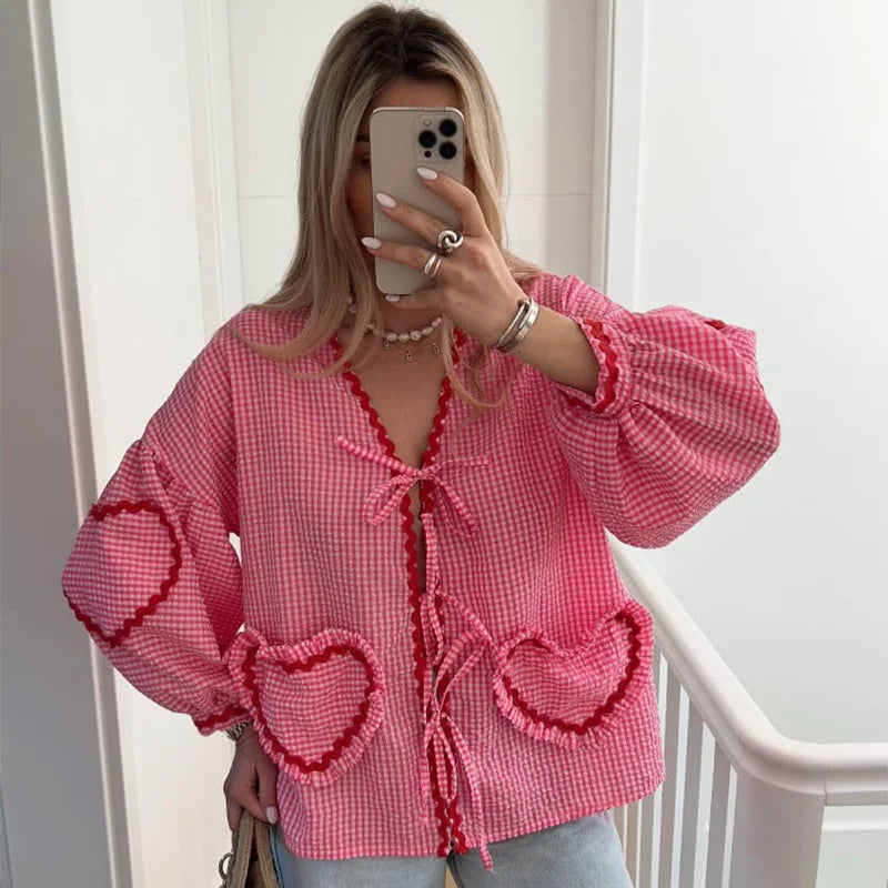 V-Neck Pleated Twist-Detail Blouse