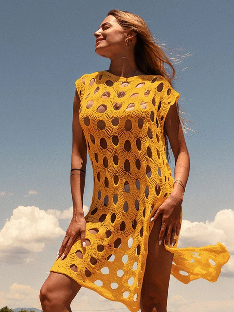 Knitted Hollow Out Bikini Cover Up Yellow / One Size