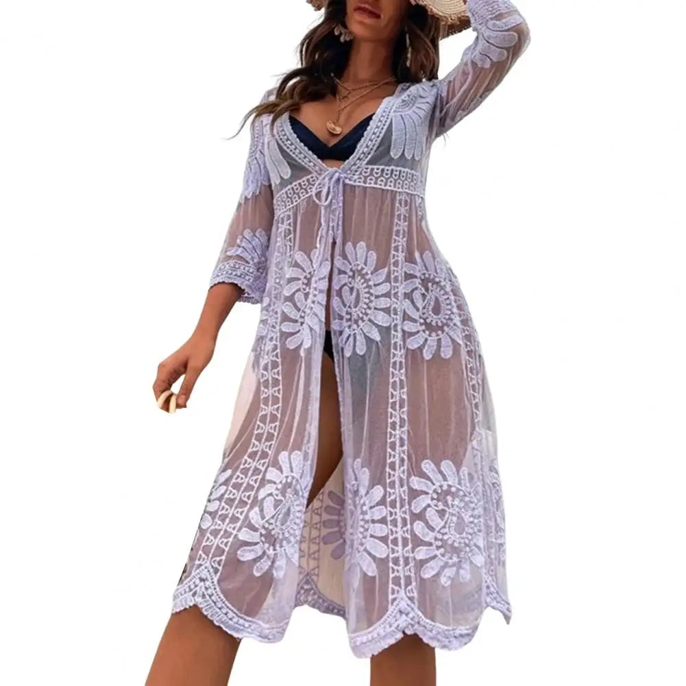 Sleeve Lace-up Embroidery Bikini Cover Up Light Purple / One Size