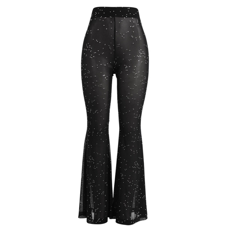 Black Glitter Mesh Sheer Pants with Rhinestone Accents