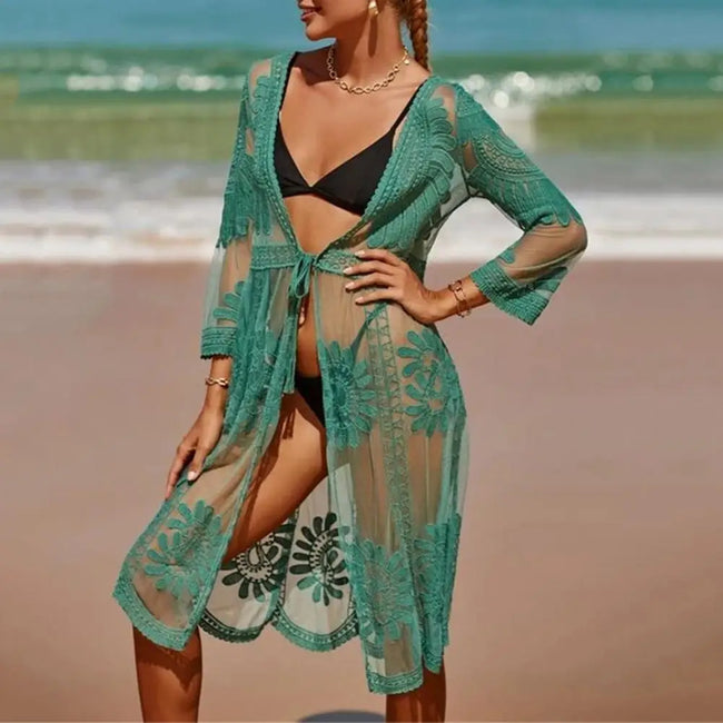 Sleeve Lace-up Embroidery Bikini Cover Up Green / One Size Main image