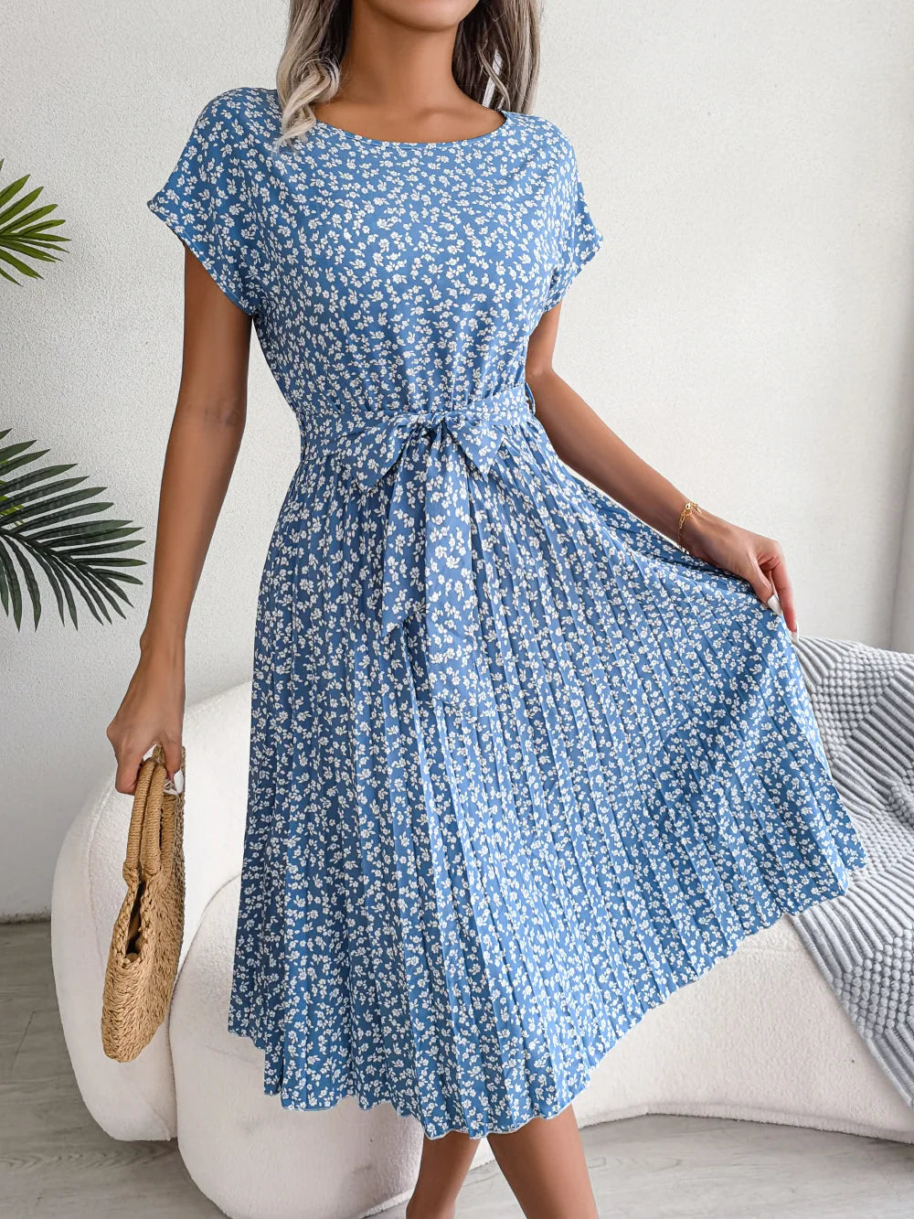 Floral High-Rise Dress with Pleat Details