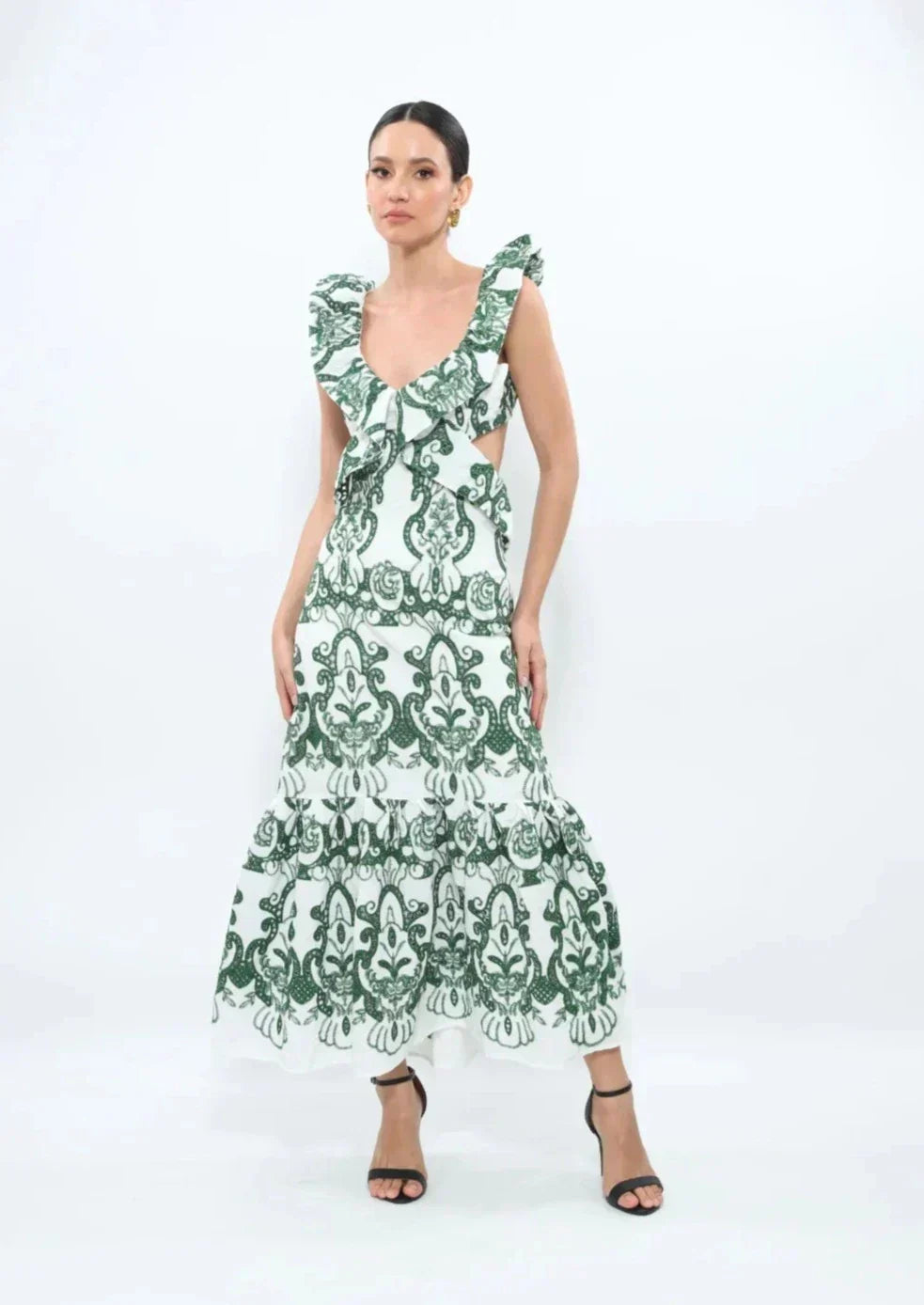 Plunging-V Ruffled Maxi Dress with an Open Back