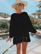 Solid Lace Up Tassel Beach Cover Up Black / One Size
