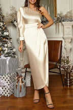 One-Shoulder Satin Slit-Detail Dress