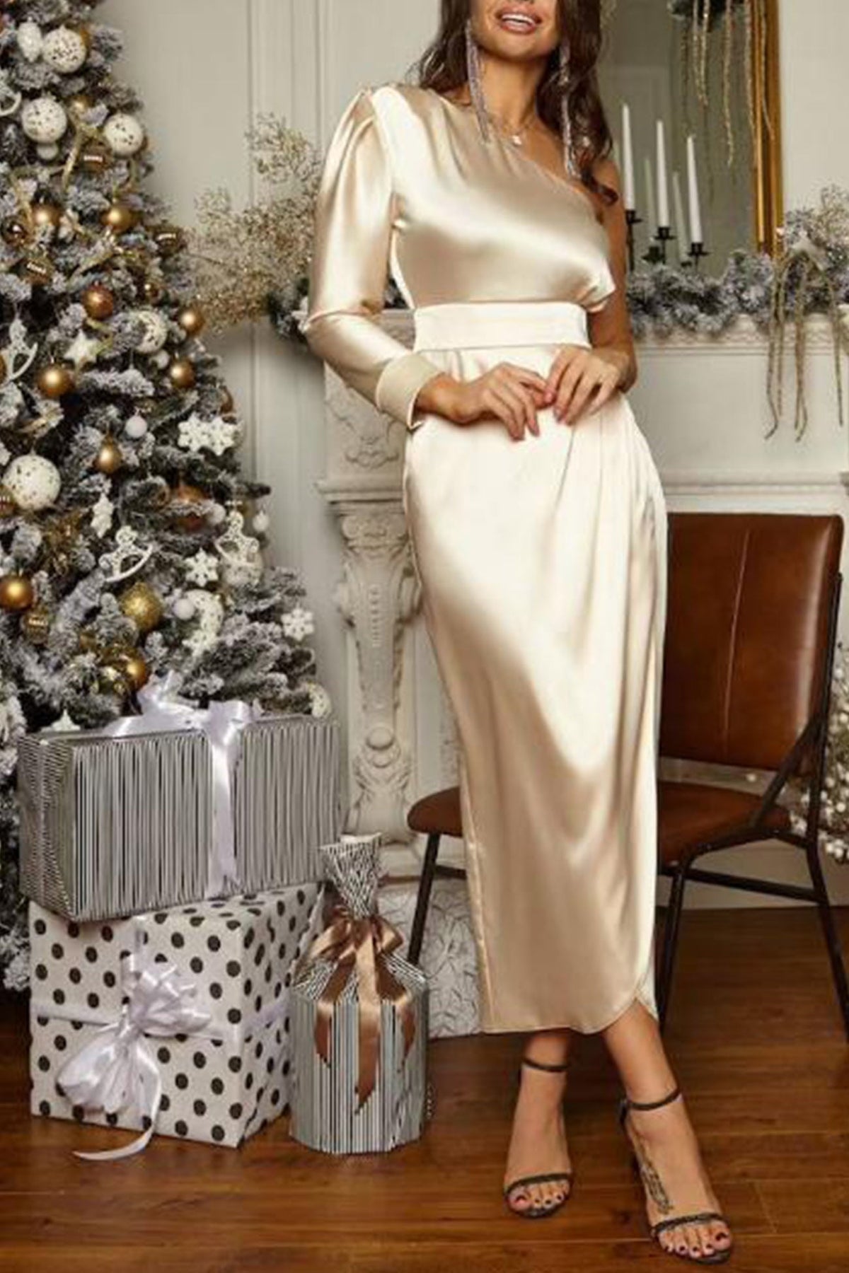 One-Shoulder Satin Slit-Detail Dress