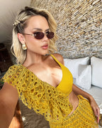 Ruffle V-neck Mesh Three Piece Swimsuit