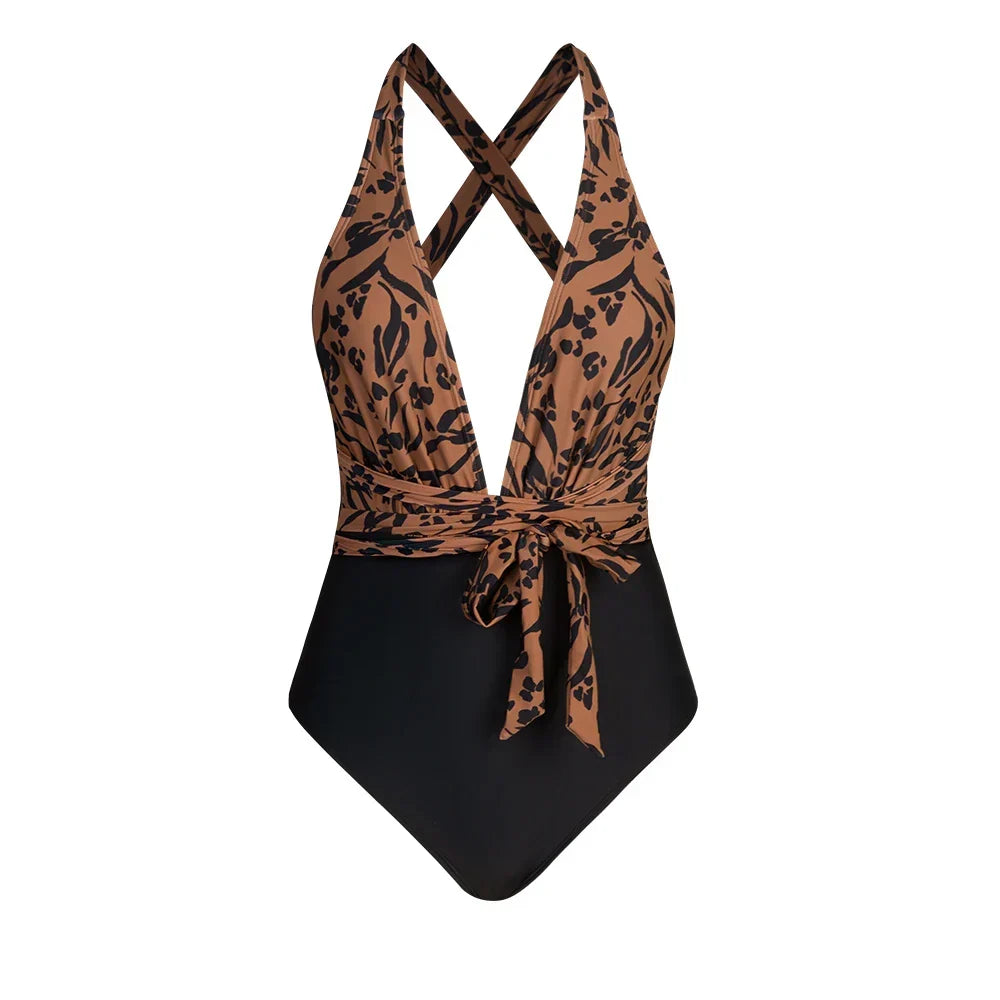 Wrap Tie Plunge Criss Cross One Piece Set khaki / XS