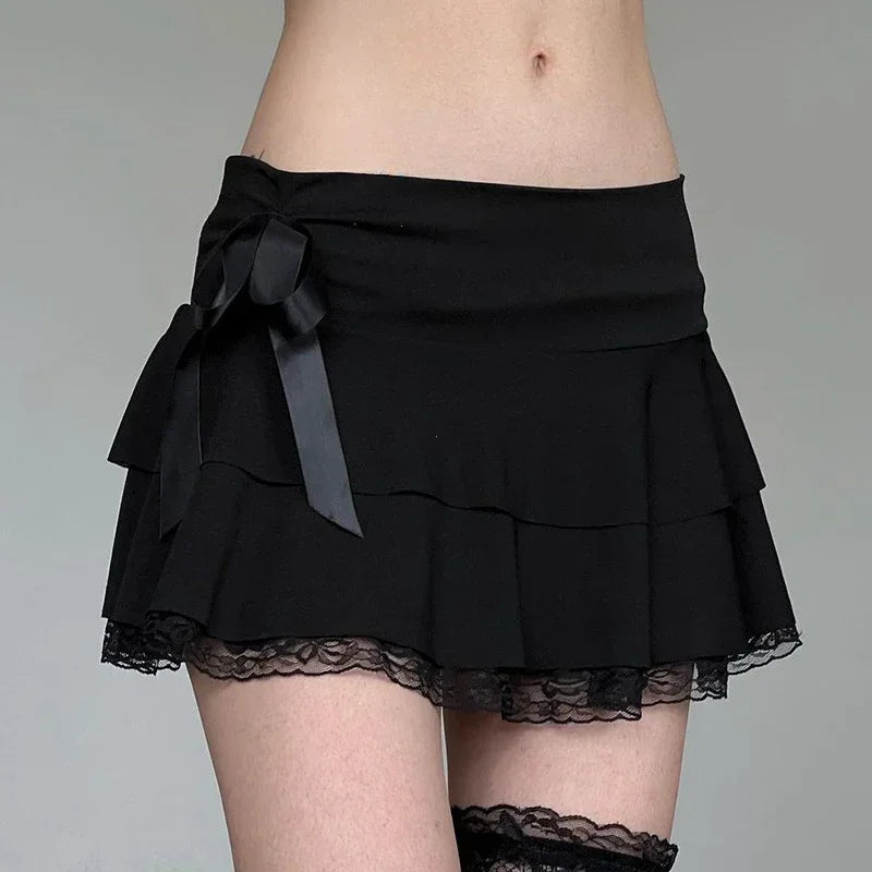 Lace Patchwork Bow A-line Skirt Black / S
