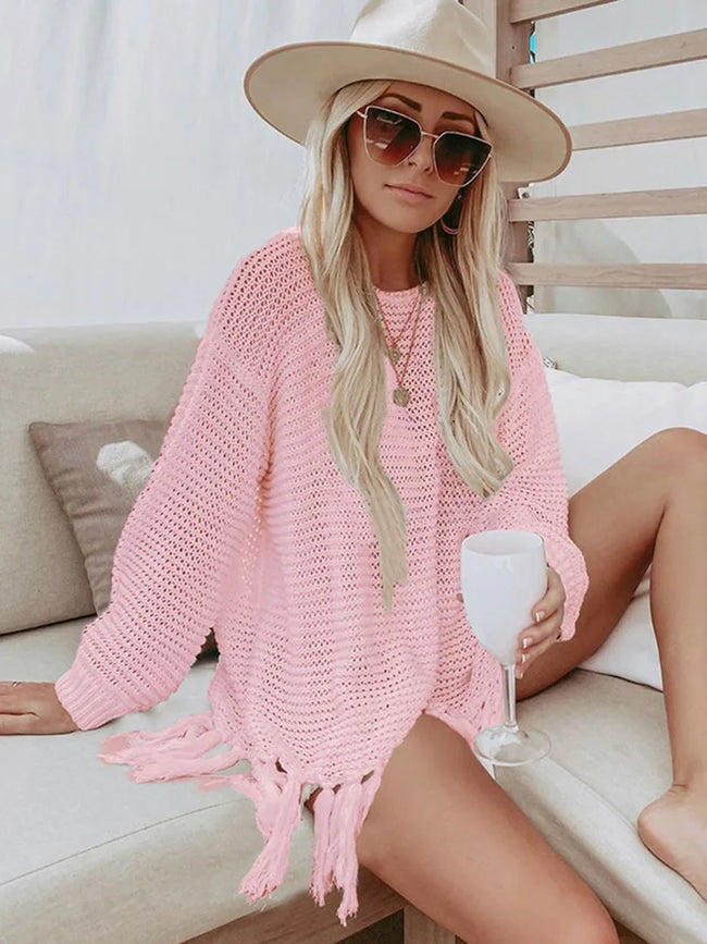 Solid Lace Up Tassel Beach Cover Up Pink / One Size Main image