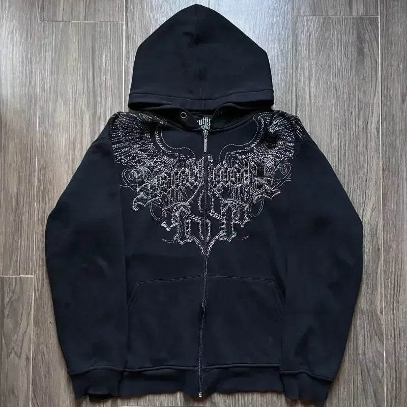 Distress Y2K Gothic Skull Hoodie black2 / S